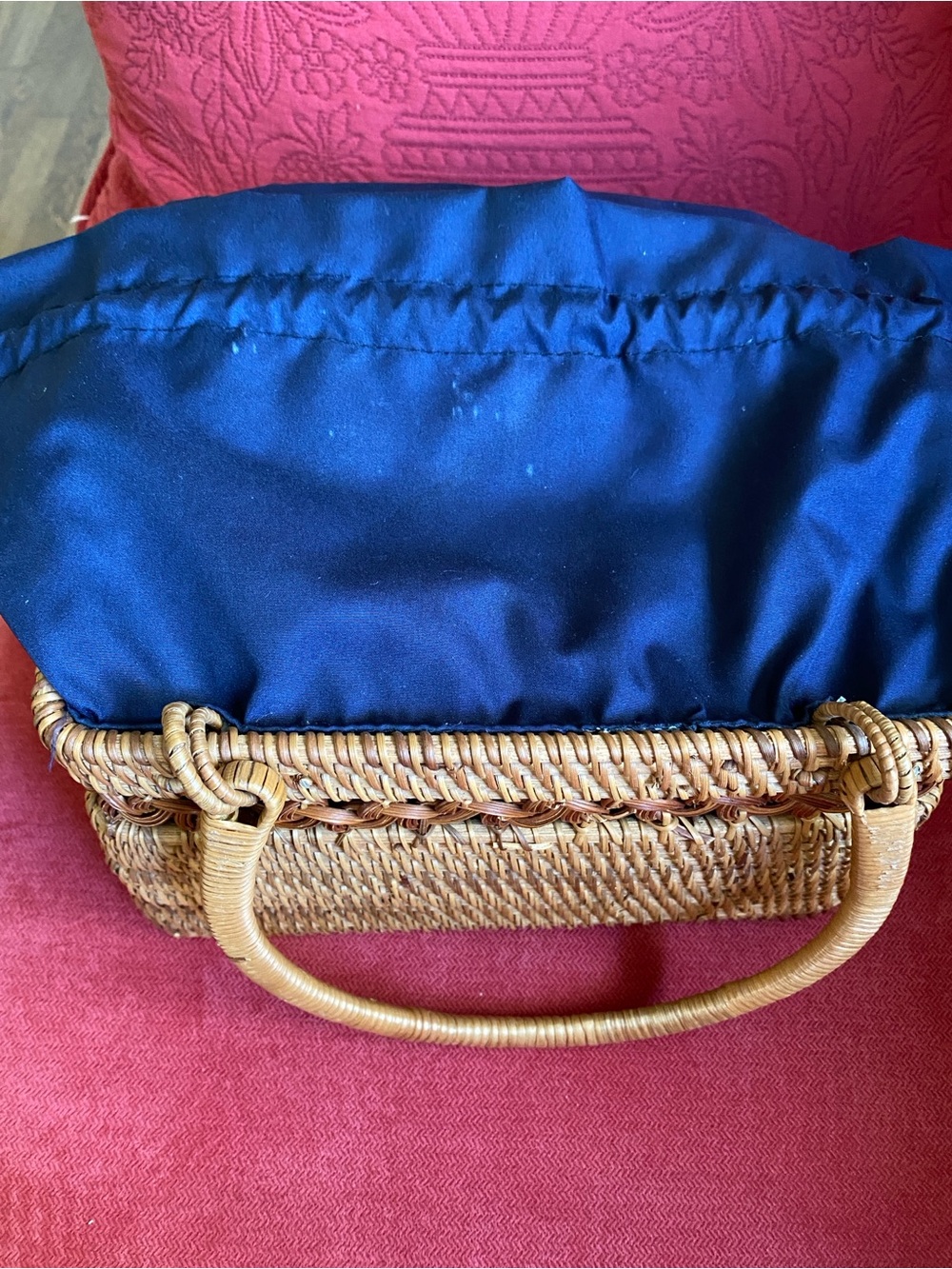 ASOS rattan rectangle bag with navy fabric drawstring liner. Like new! - Picture 7 of 9